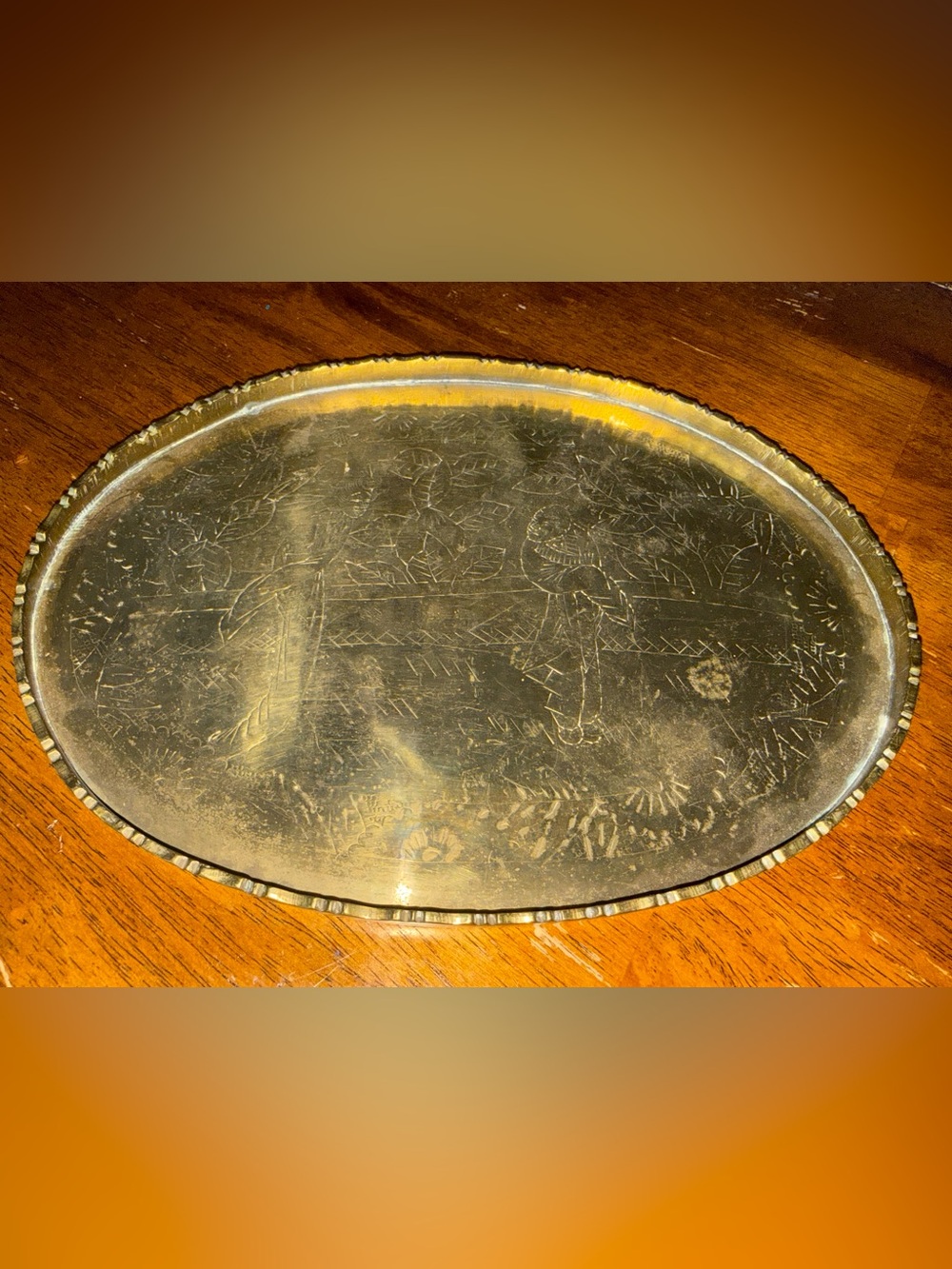 Antique Chinoiserie Engraved Brass Oval Tray Patina Gold Tone Scalloped